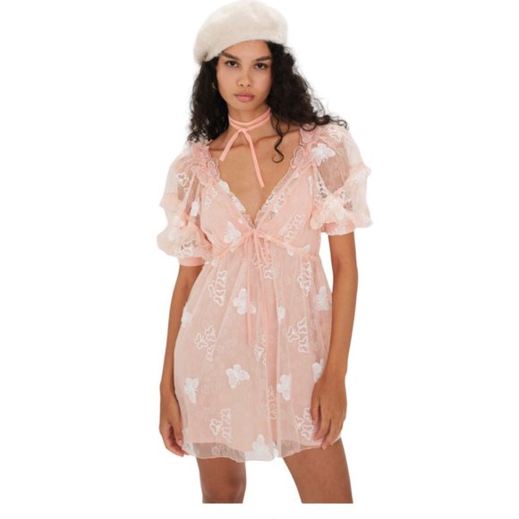 For Love and Lemons Shari Sequin Butterfly Lace Mini Dress Pink Size Large NWT - Picture 2 of 4